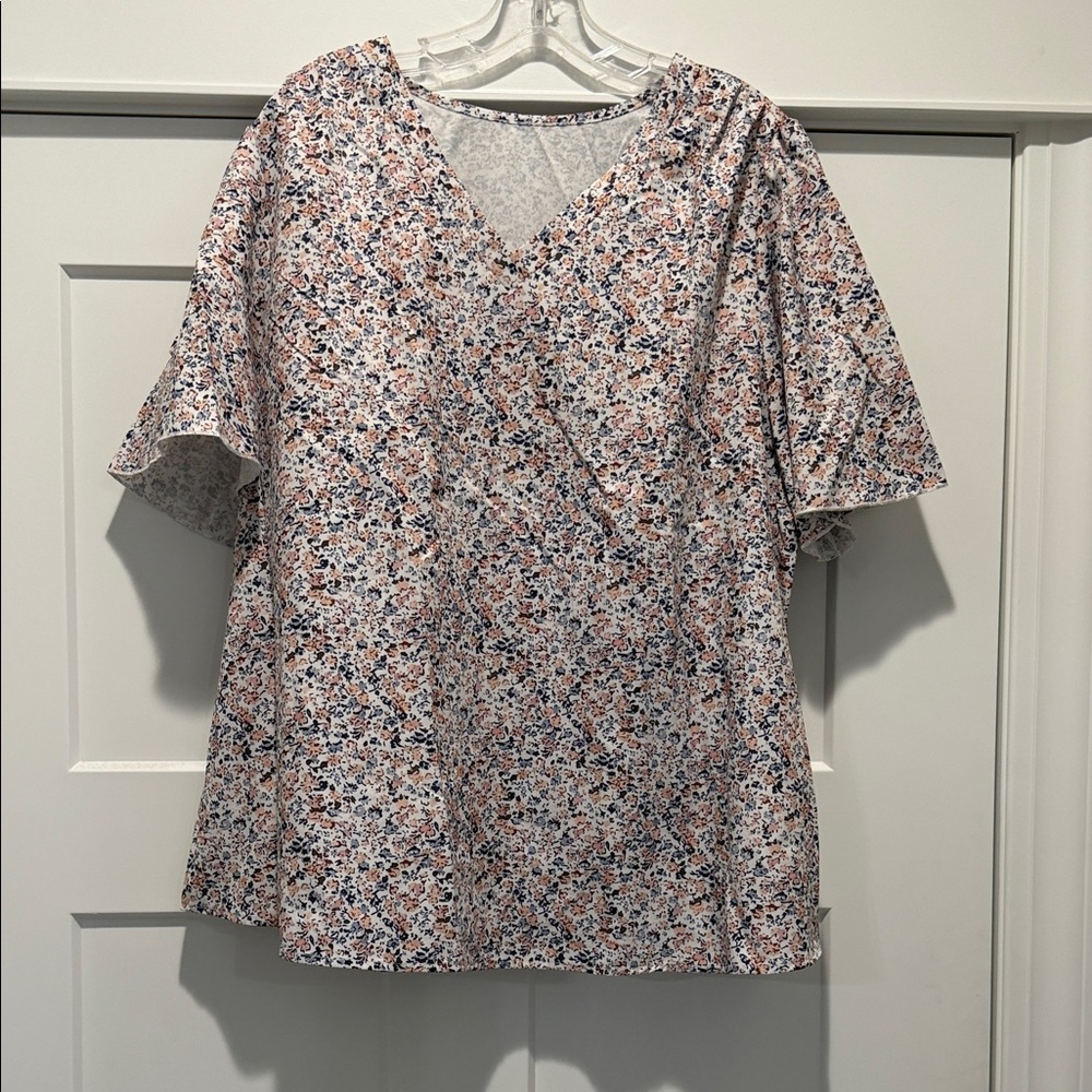 Floral V-Neck Women’s Top - Peach & Navy